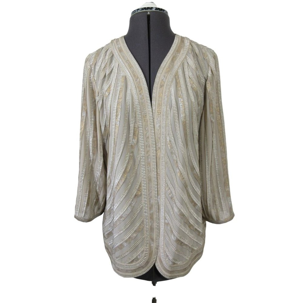 Chico's Travelers metallic and snake print stripe open front blouse‎